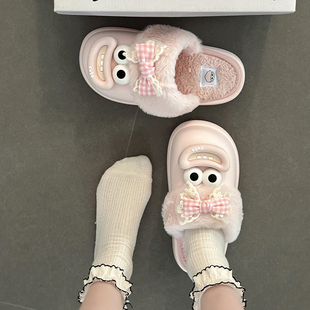 日本OFFCAT可爱卡通丑萌大眼睛蝴蝶结毛毛拖鞋女2025冬季新款外穿