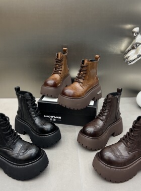 日本OFFCAT2025新款真皮厚底松糕小个子加绒棉鞋马丁靴布洛克系带