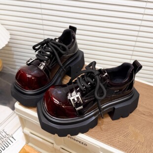 日本OFFCAT漆皮厚底大头小皮鞋女冬季加绒系带皮带扣休闲乐福鞋潮