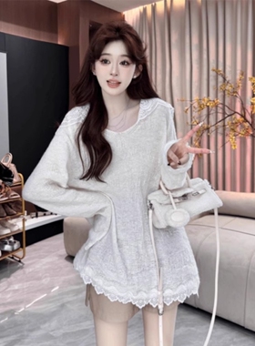 日本offcat联名白色连帽蕾丝拼接针织衫女2025春秋季百搭上衣