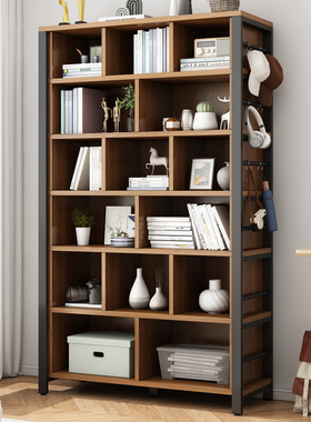 格子书架置物架家用一体靠墙书柜陈列架落地实木储物柜客厅收纳架