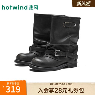 热风黑色时装靴女2026年冬季新款圆头中筒百搭时尚靴子H82W26416