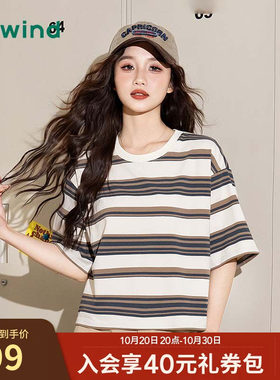 热风条纹短袖T恤复古休闲宽松显瘦夏季女款时尚百搭撞色条纹短款