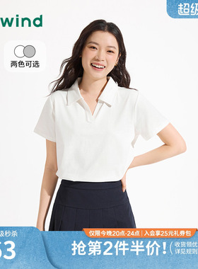 热风女士polo衫2026年夏季新款女士基础白色短袖上衣V领百搭上衣