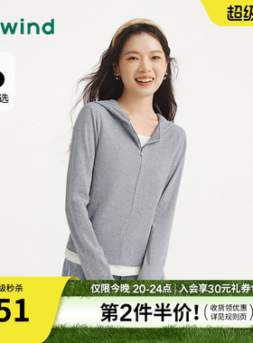 热风女士长袖T恤上衣连帽打底衫2026年春季新款拉链灰色内搭上衣