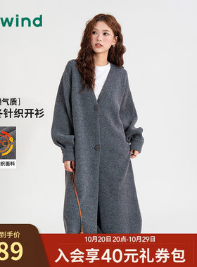 热风女款通勤中长款V领针织开衫