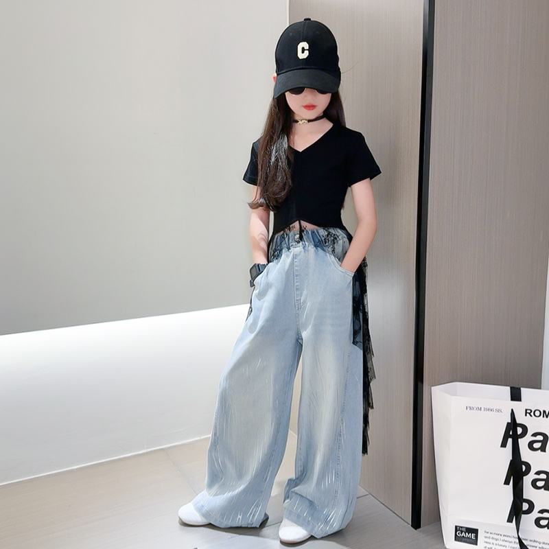 女童蕾丝边T恤爵士舞套装2025新款中大儿童街舞酷飒风百搭牛仔裤