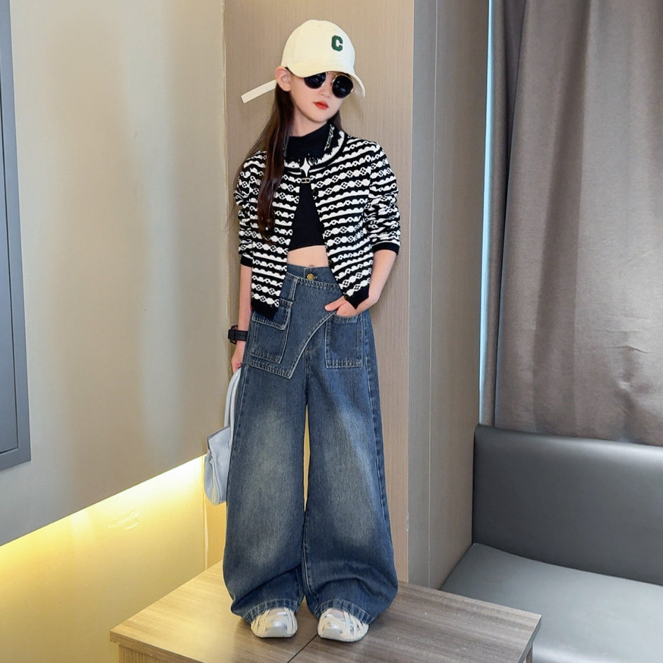 女童牛仔裤套装2025新款女孩儿童洋气甜酷美式毛衣腰封休闲阔腿裤,童装/婴儿装/亲子装,套装,淘宝优惠券,粉丝福利购,淘宝优惠卷