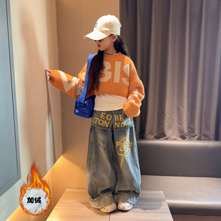 女童韩系辣妹加绒牛仔裤套装秋冬新款宽松小众设计感套头针织上衣