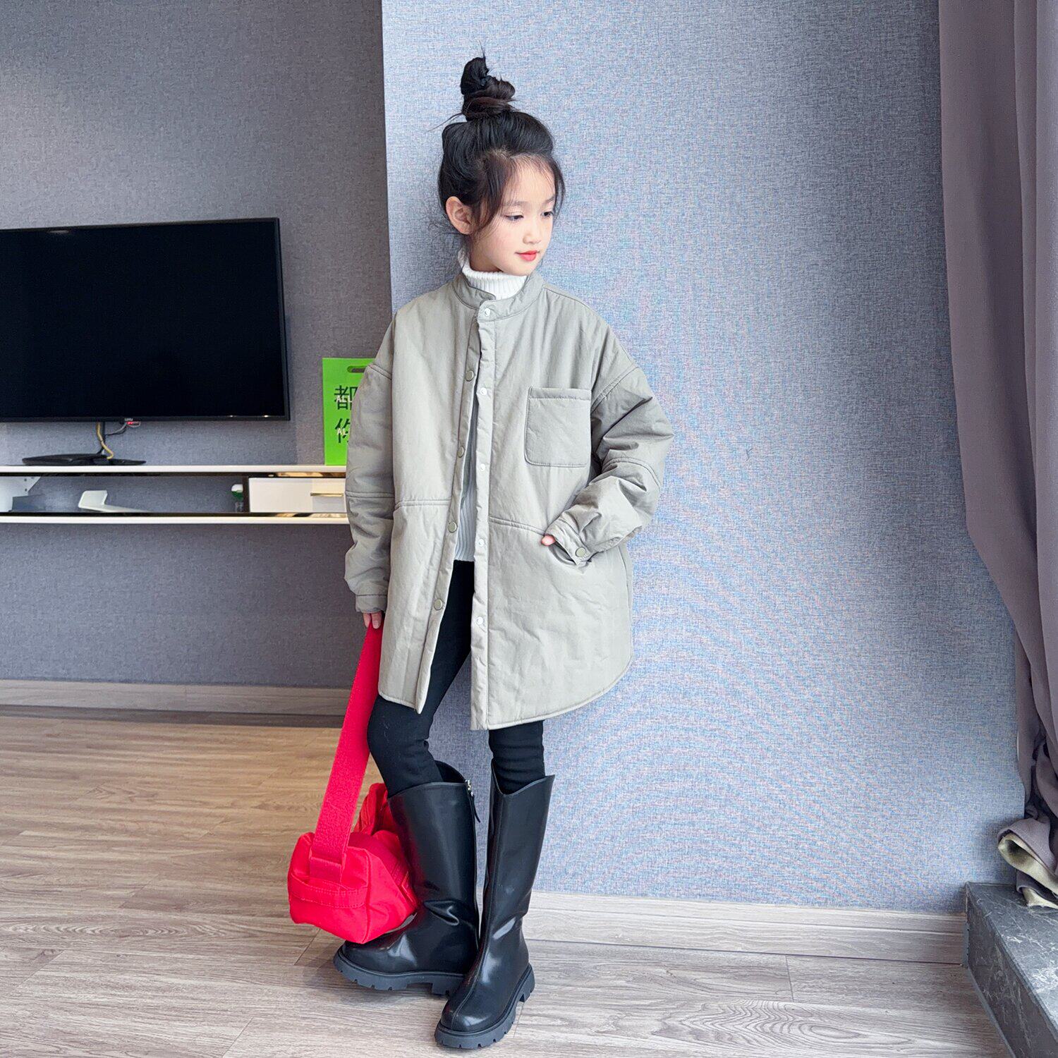 女童秋冬外套中长款衬衫宽松圆领棉衣轻薄棉服女孩2025洋气上衣潮