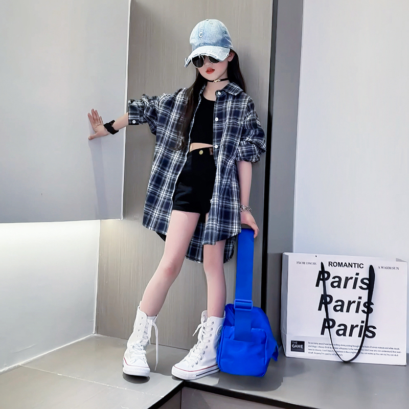 女童衬衫长袖春秋2025新款洋气儿童上衣春装女孩大童格子衬衣外套