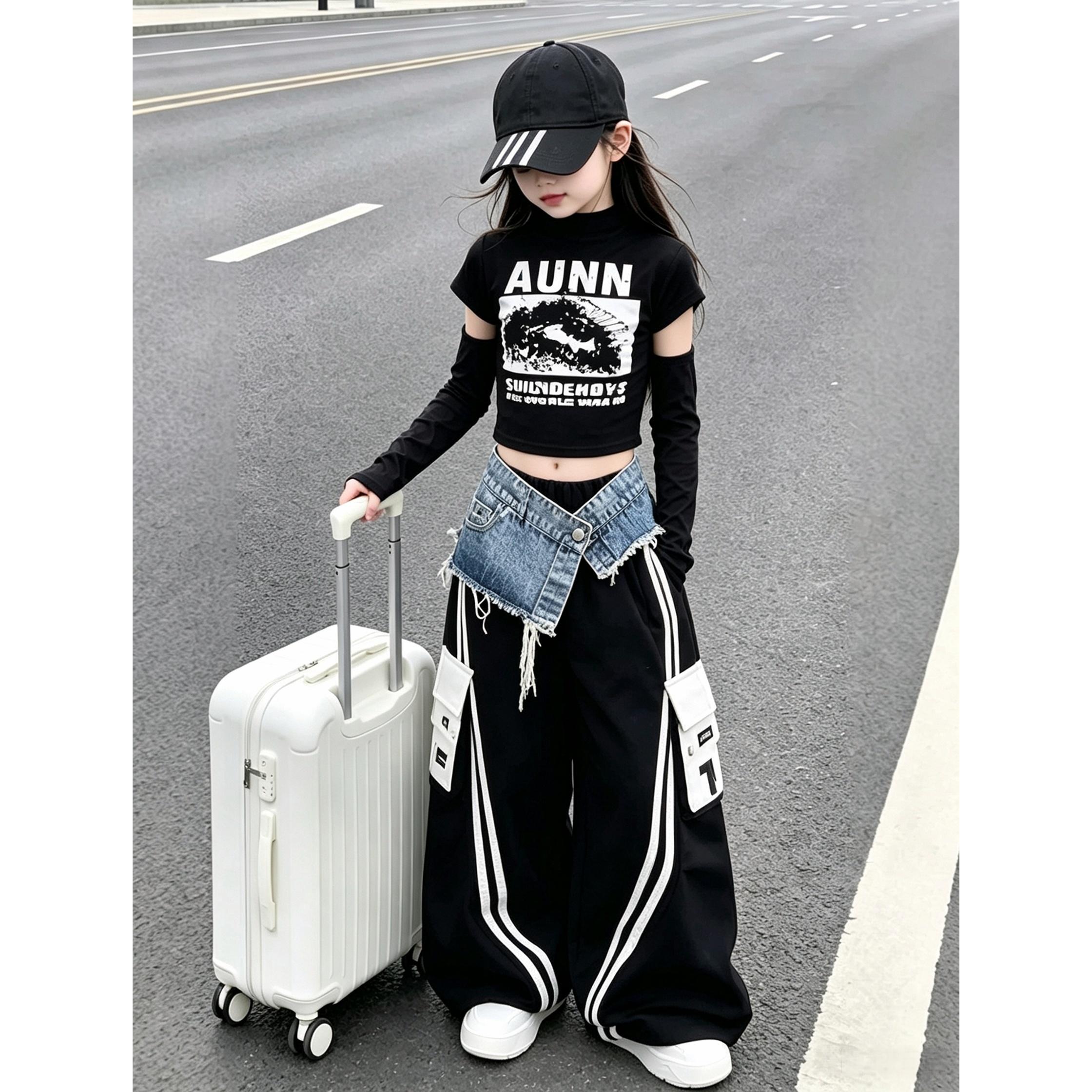 女童秋季潮酷T恤工装裤套装图片