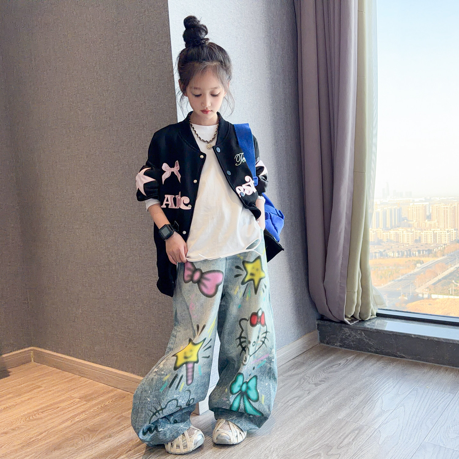 女童美式棒球服外套2026春季新款洋气女孩夹克上衣宽松牛仔弯刀裤,童装/婴儿装/亲子装,套装,淘宝优惠券,粉丝福利购,淘宝优惠卷