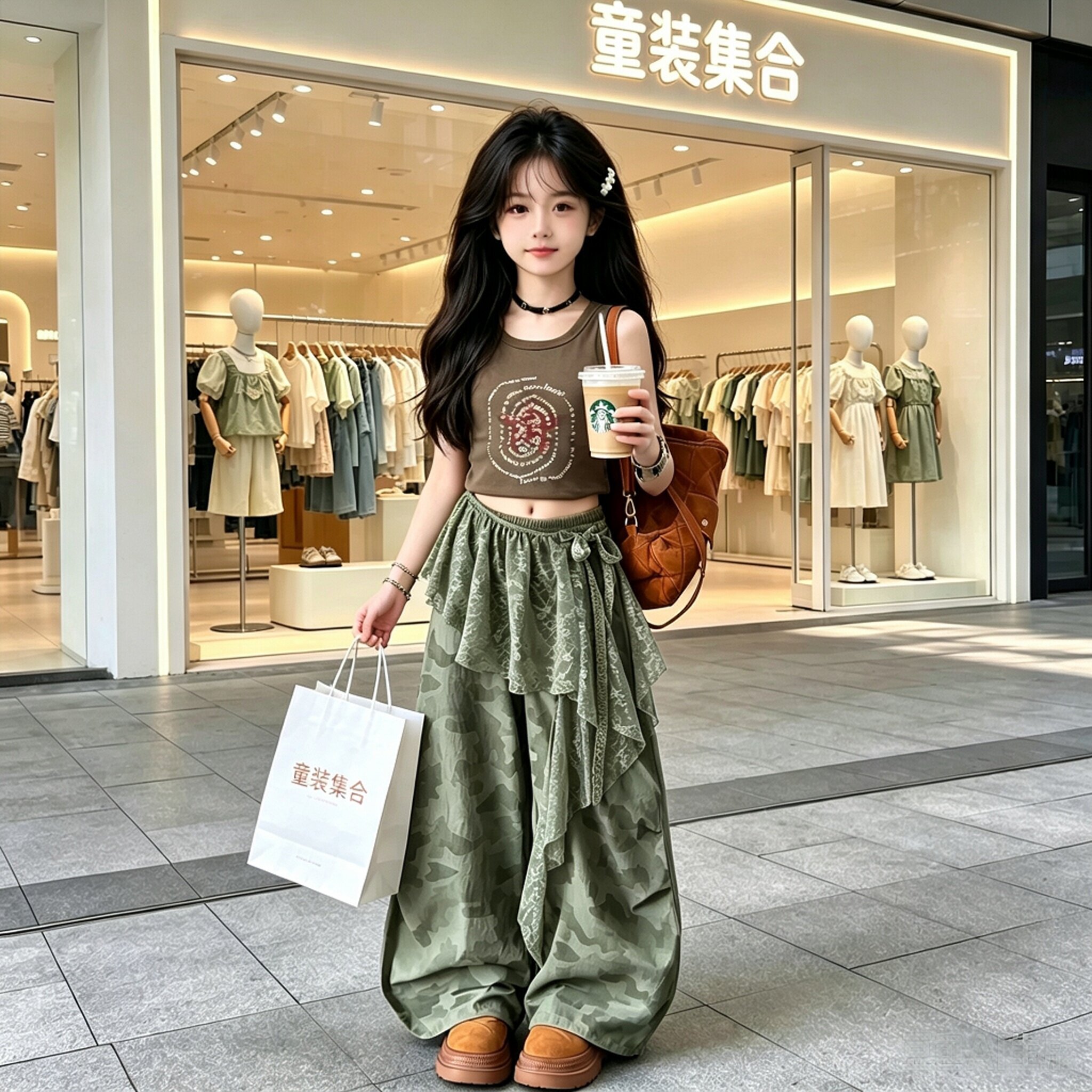 又酷又飒女童街舞套装女孩废土风爵士舞服装儿童夏季背心迷彩裤潮