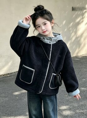 女童冬装儿童毛毛衣外套2026新款冬季大童保暖加厚一体绒牛仔裤