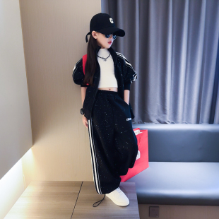 女童春装撒银套装2026春季新款大童时髦洋气拉链衣服运动裤两件套