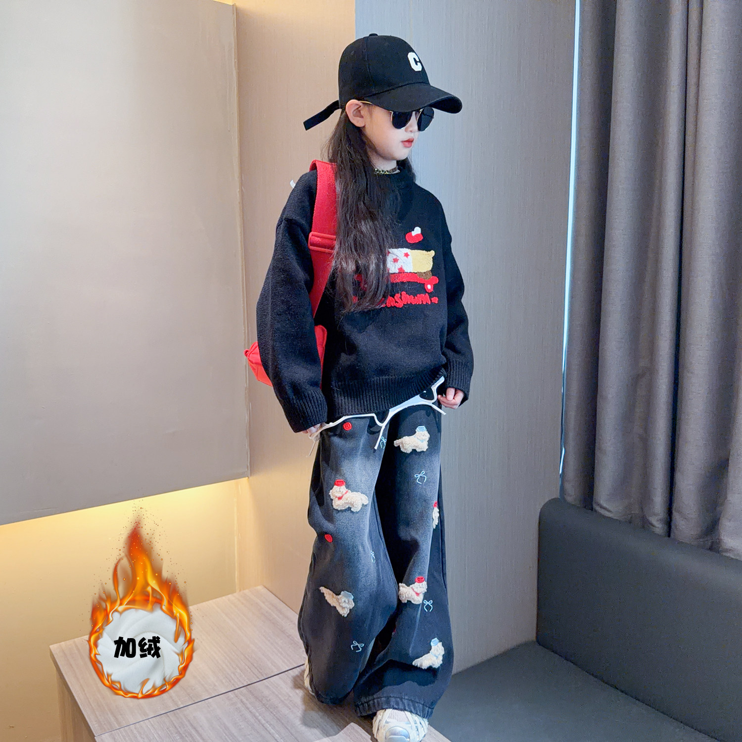 腊肠狗重工毛巾绣宽松毛衣女童秋冬款洋气针织衫一体绒直筒牛仔裤,童装/婴儿装/亲子装,套装,淘宝优惠券,粉丝福利购,淘宝优惠卷