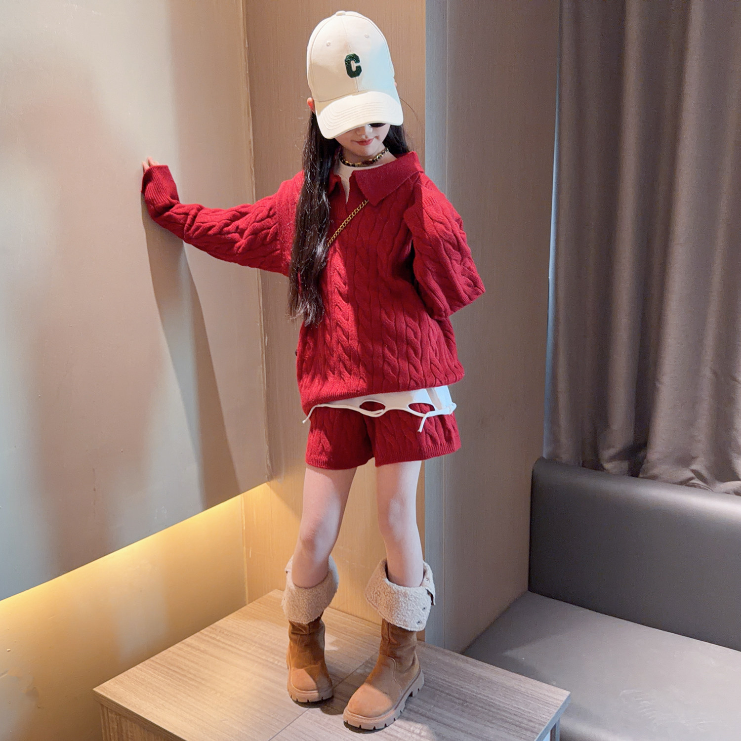 女童针织套装2025新款儿童洋气年货大童时尚毛线衣短裤韩版两件套