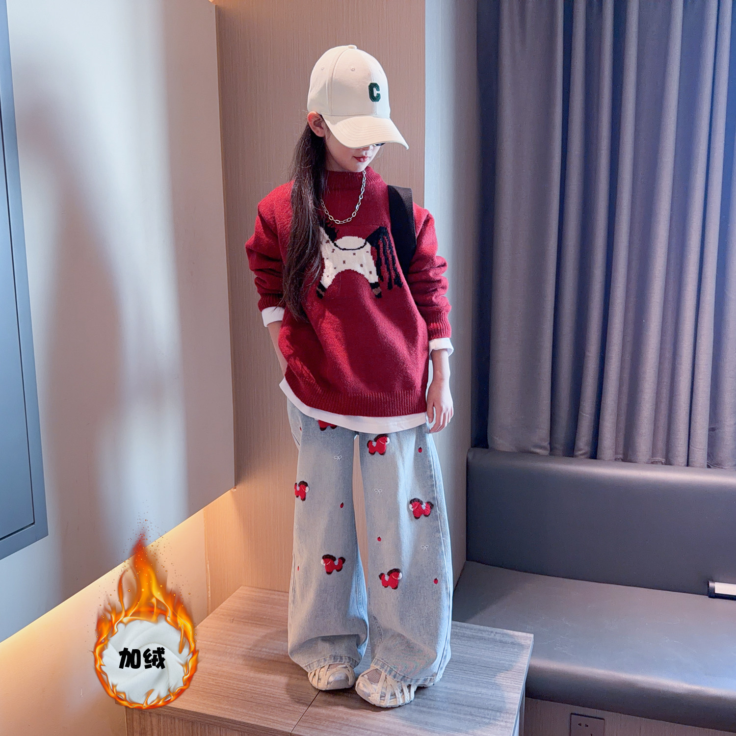 女童年货毛衣秋冬款洋气针织衫儿童宽松一体绒刺绣牛仔直筒阔腿裤,童装/婴儿装/亲子装,套装,淘宝优惠券,粉丝福利购,淘宝优惠卷