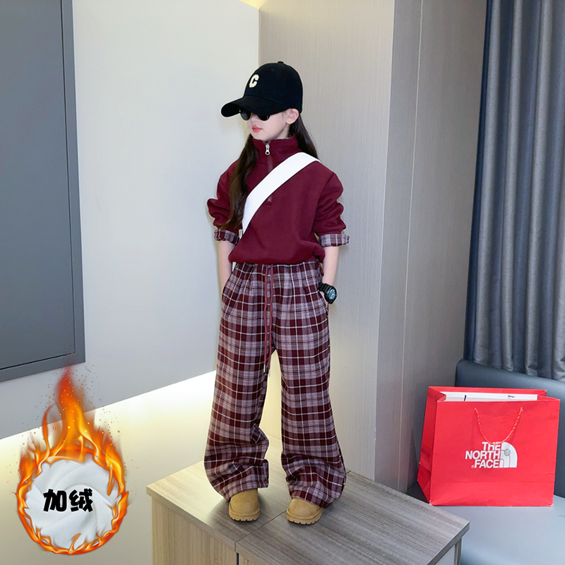 女童春装套装卫衣格子裤两件套