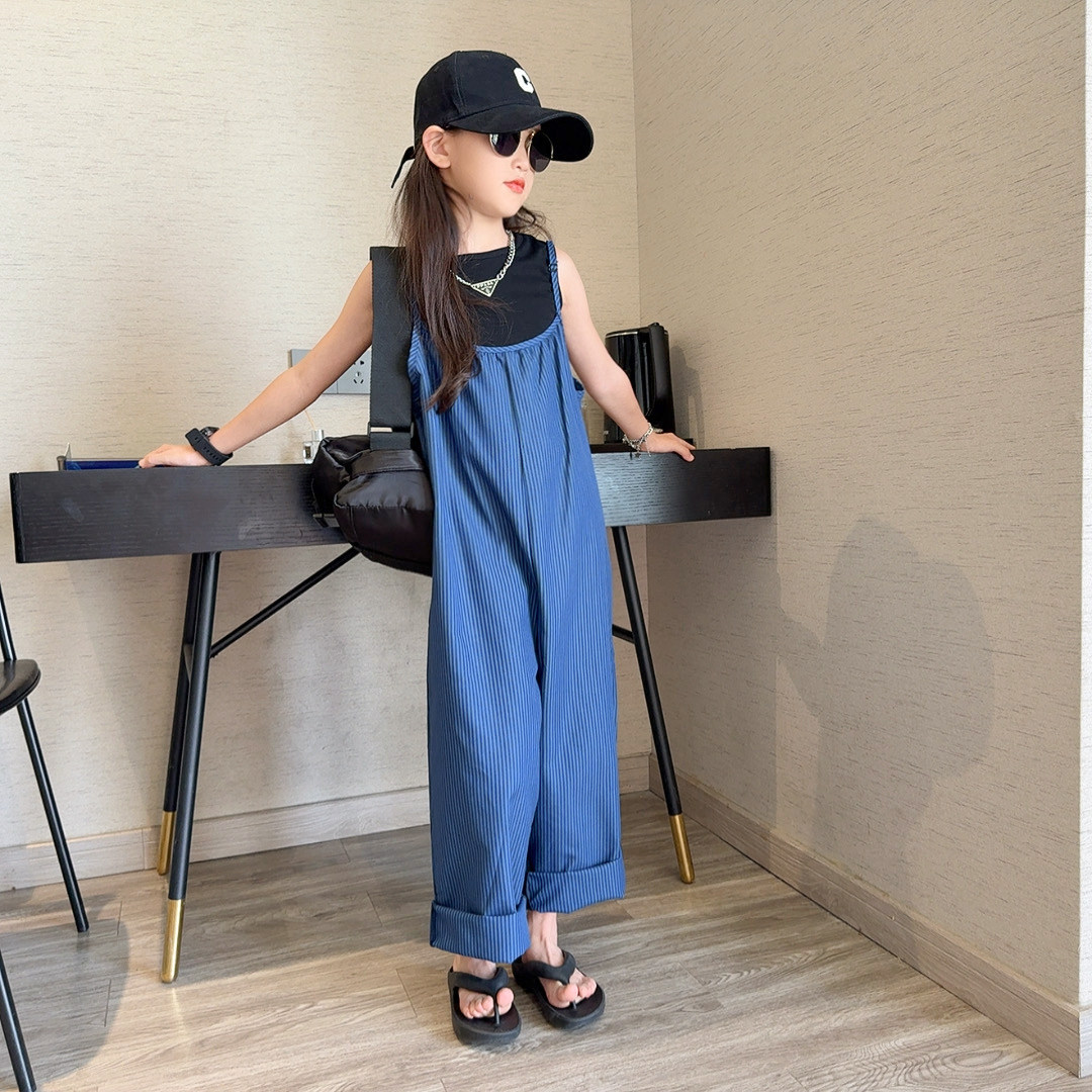 女童夏装套装2025新款大儿童背心女孩韩系休闲高级感背带裤两件套
