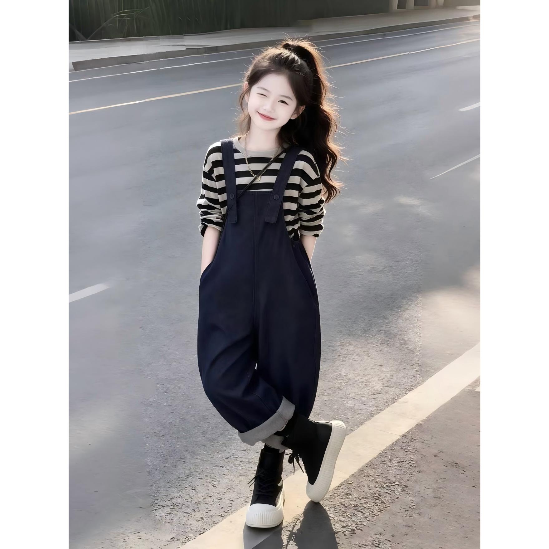 女童秋装套装儿童牛仔背带裤图片