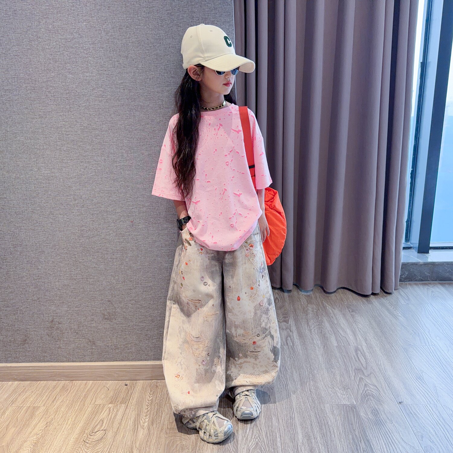 女童2026夏季新款套装大童宽松个性短袖上衣数码印花牛仔裤两件套