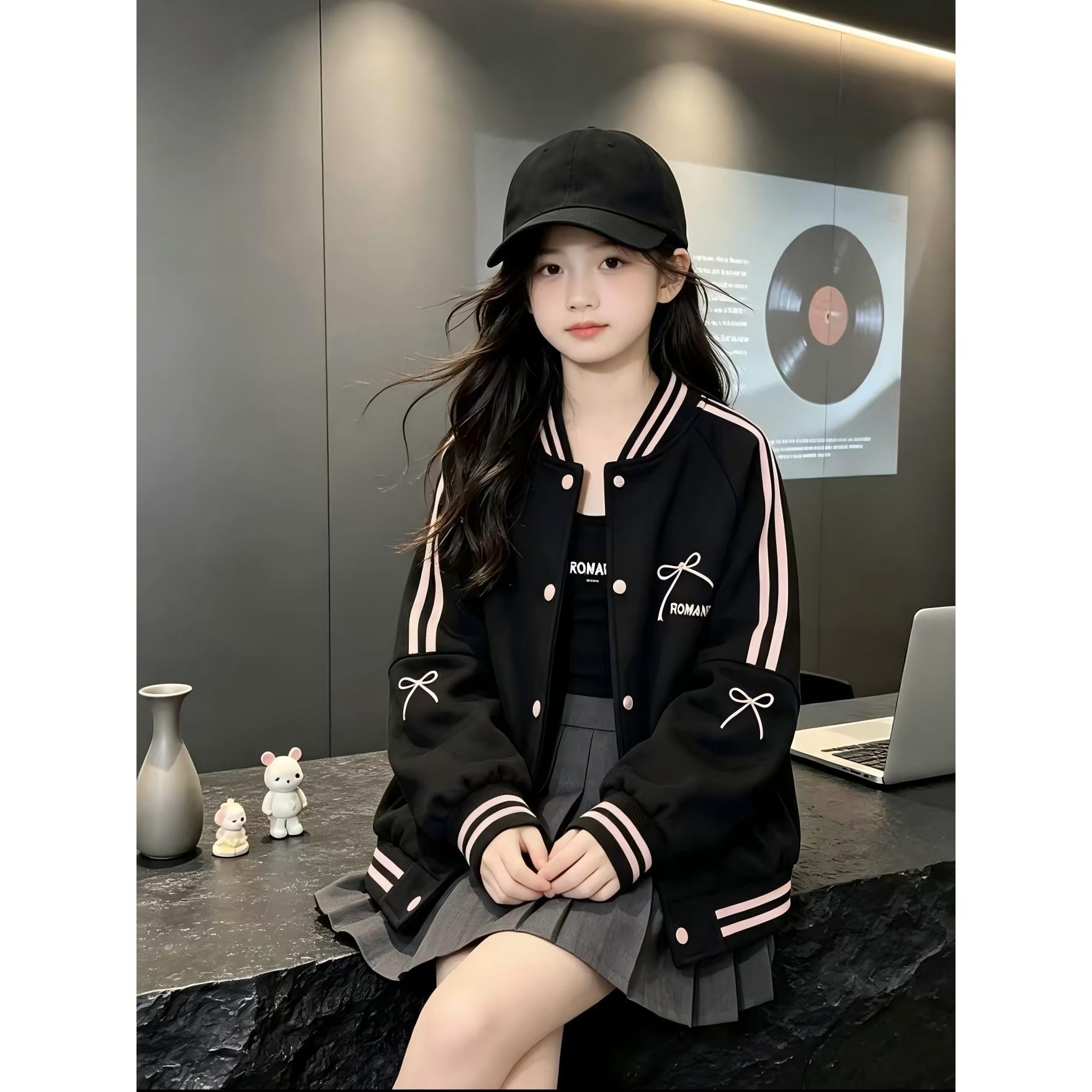 女童美式棒球服外套2026春秋季中大儿童刺绣蝴蝶结夹克衫卫衣显瘦