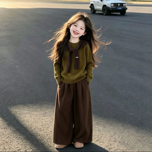 女童美拉德套装秋冬装2026新款女大童披肩毛衣针织上衣时髦阔腿裤