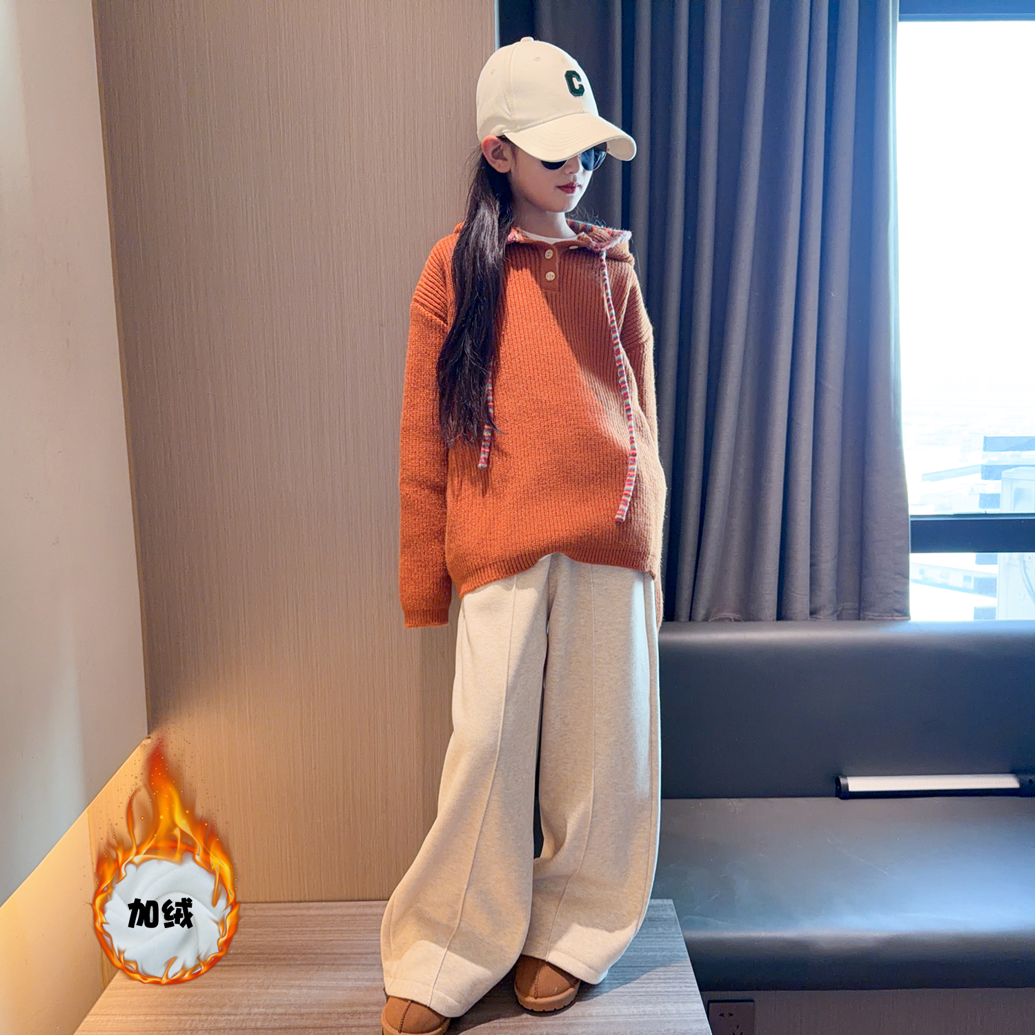 女童冬季韩系加绒毛衣直筒裤套装