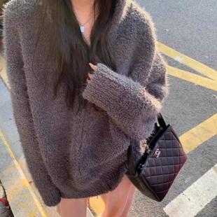 毛茸茸连帽针织开衫 秋冬新款 女宽松慵懒风显瘦拉链毛衣外套加厚