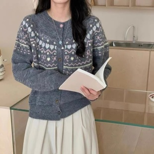 毛衣外套 韩版 撞色提花针织开衫 女宽松短款 慵懒风外搭上衣秋冬新款