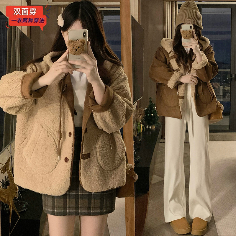 美拉德穿搭两面穿连帽羊羔毛皮毛一体外套麂皮绒棉服
