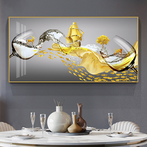 轻奢风背景墙装饰画餐厅饭厅简约餐桌现代横版晶单幅挂画酒杯瓷画