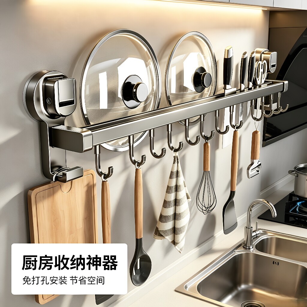 吸盘厨房挂钩勺子铲子置物架免打孔案板锅盖刀具一体多功能收纳架