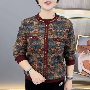 加绒保暖百搭上衣H9921 精致圆领烫钻中老年洋气妈妈装 冬季 新款