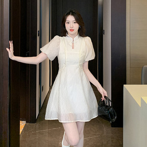 实拍2023新中式改良旗袍泡泡袖连衣裙子夏女装2023新小众设计