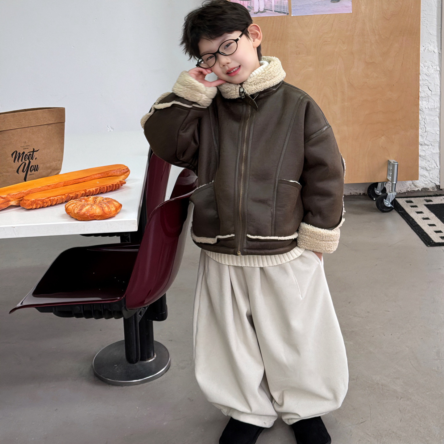 2025新款秋冬季儿童加绒皮衣男童加厚保暖外套男宝上衣潮韩版复古