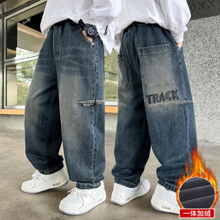 儿童装男童一体加绒加厚裤子2025秋冬新款牛仔裤男孩中大童冬季潮
