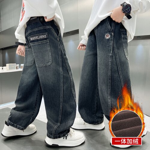 冬季男童裤子加绒加厚牛仔裤