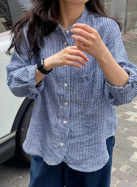 爱S这种小清新清爽蓝色格子进口亚麻女士衬衫 日系买手店夏款小衫