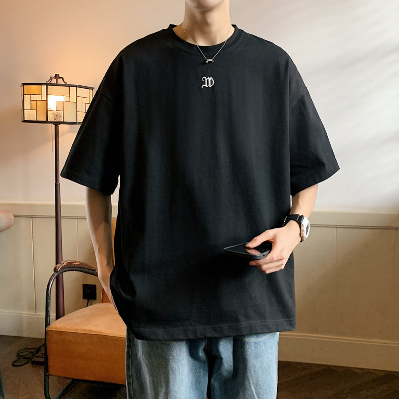 2023港风新款T恤纯棉双纱230克刺绣大板藏青色TX081-P25控39,男装T恤,电商B237