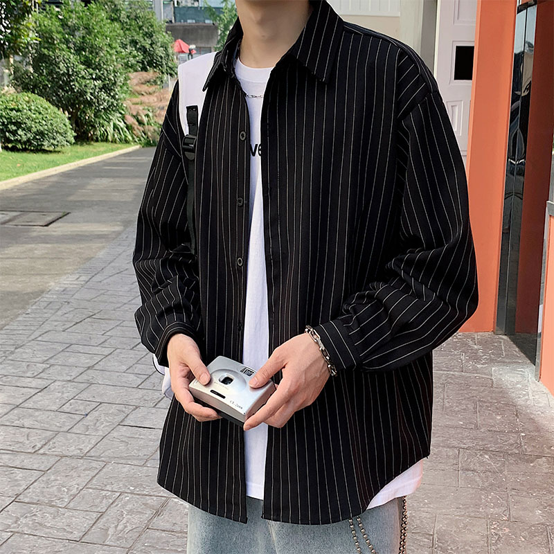 2023港风春季男韩版宽松条纹长袖衬衫潮灰色C40-P40控58元,男装衬衫,电商B237
