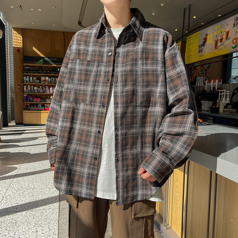 春季新款长袖格子衬衫男外套棕色CC044-P45控68,男装衬衫,电商B237