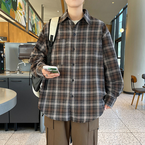 春季新款长袖格子衬衫男外套 棕色 CC044-P45 控68图片