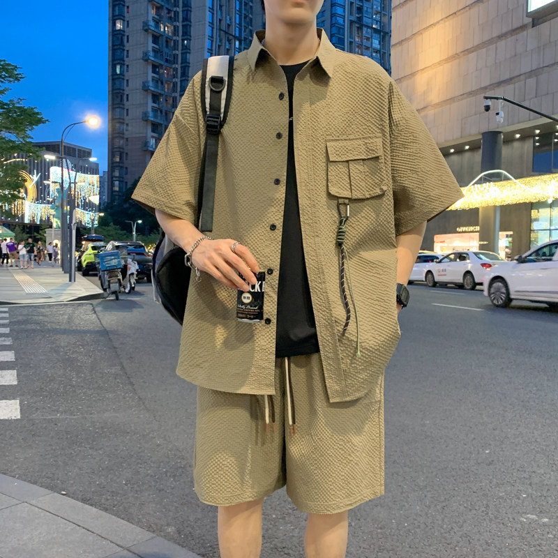 夏季纯棉泡泡纱套短袖衬衫CC038短裤K011森林绿TZ01-P75控108圆,男装休闲套装,电商B237