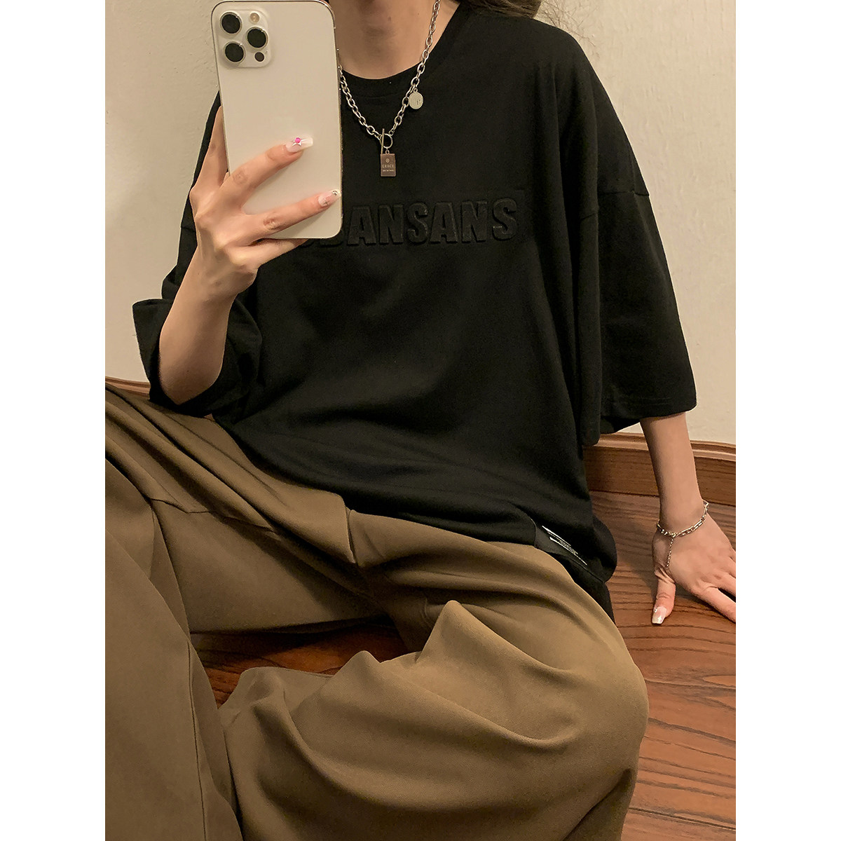 2023女模新款T恤纯棉双纱230克压花大板黑色TX082-P38控58,男装T恤,电商B237
