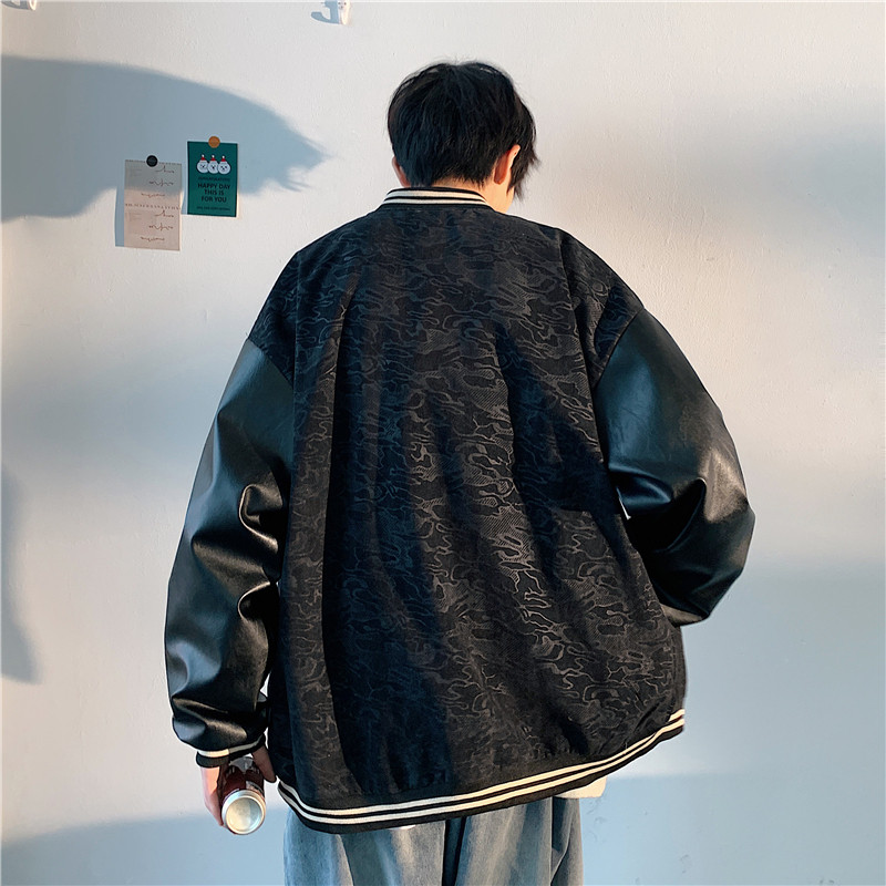2023港风秋季新款pu皮夹克撞色刺绣提花外套杏JK016-P85控118,男装夹克,电商B237