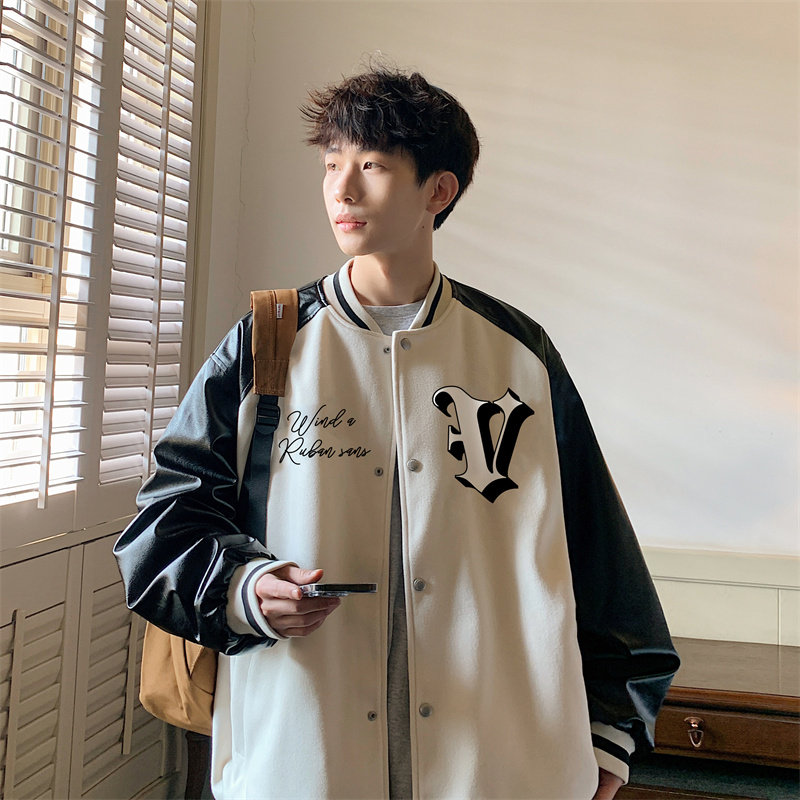 2023港风春季新款刺绣630克呢料拼皮夹克男白色JK044-P110控158,男装夹克,电商B237