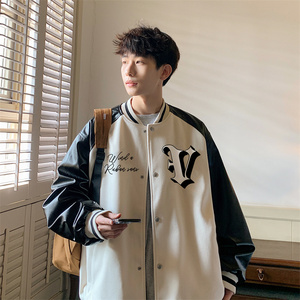 2023港风春季新款刺绣630克呢料拼皮夹克男 白色JK044-P110 控158图片